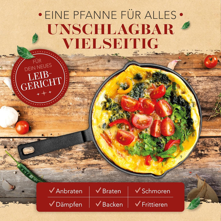 KRUSTENZAUBER Gusseisenpfanne Induktion 20cm inkl. Anleitung und Rezeptbuch - Geschliffene Pfanne Gu