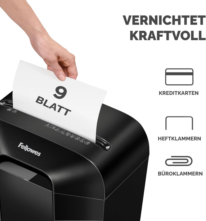 Fellowes Aktenvernichter 9 Blatt (P4), Papierschredder mit Partikelschnitt für Homeoffice, Powershre