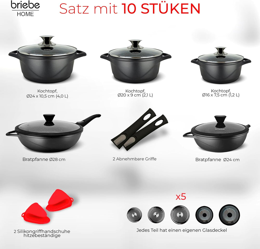 briebe Induktions-Kochgeschirr, 10-teilig, Set mit 3 Töpfen aus Aluminiumguss + 2 Pfannen, Antihaftb