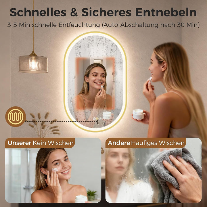 STARLEAD Gold Oval-LED-Badspiegel-mit-Beleuchtung 80x50cm, Bluetooth, Dimmbar, 3 Lichtfarben, Entfog
