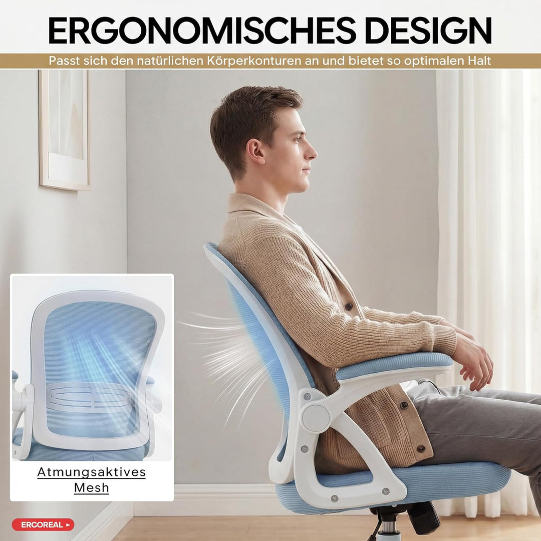 Ergonomischer Bürostuhl, 90-110° Verstellbare Rückenlehne & Aufklappbare Armlehnen (90°), Bürostuhl