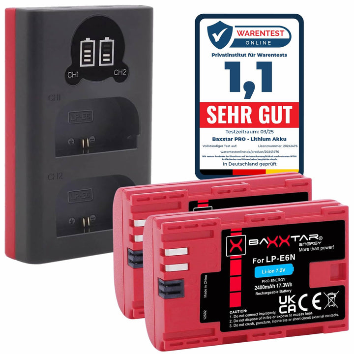 Baxxtar Pro LP-E6N 2040mAh Kamera-Akku Pack mit Ladegerät 18602 (USB Dual LCD) kompatibel mit Canon