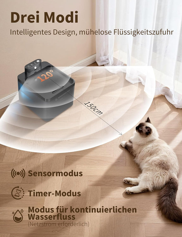 Katzenbrunnen, 2,2 L, kabellos mit LED, Bewegungsmelder, leise Pumpe 30dB, Batterie 2600mAh, Premium