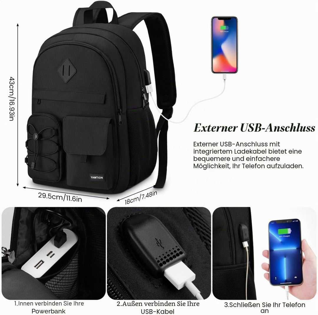 YAMTION Rucksack Laptop für Herren Damen,Schulrucksack Frauen mit USB&amp;Laptopfach Schultasche Jungen