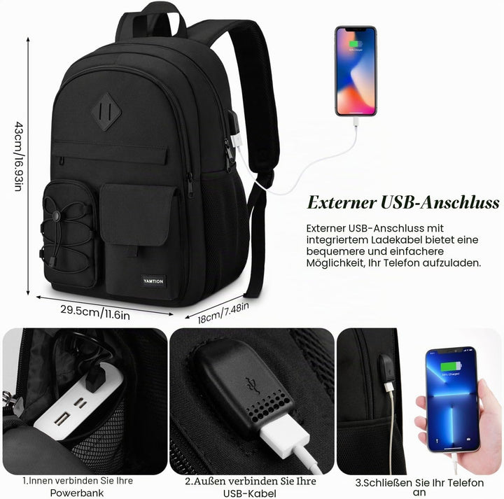 YAMTION Rucksack Laptop für Herren Damen,Schulrucksack Frauen mit USB&amp;Laptopfach Schultasche Jungen