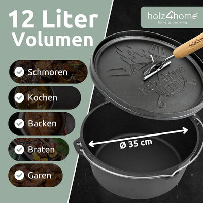 holz4home® Dutch Oven Set [12L, Ohne Füsse] I Eingebrannter Feuertopf Gusseisen I Schmortopf mit Dec