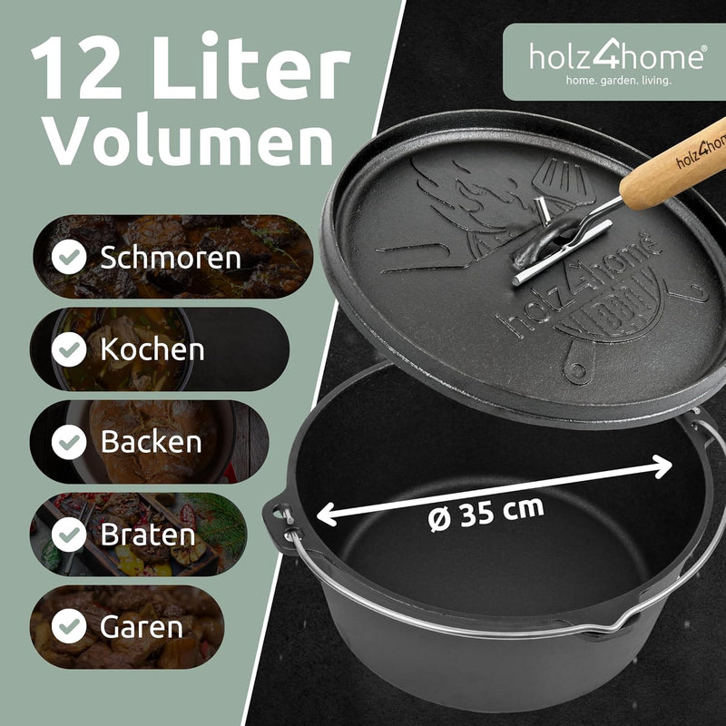 holz4home® Dutch Oven Set [12L, Ohne Füsse] I Eingebrannter Feuertopf Gusseisen I Schmortopf mit Dec