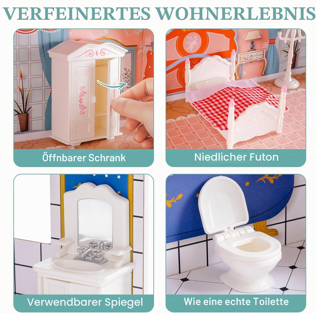 ROBUD Puppenhaus aus Holz mit Möbeln und Zubehör Mädchen Häuser Spielhaus Spielraum Spielzeug für Ki