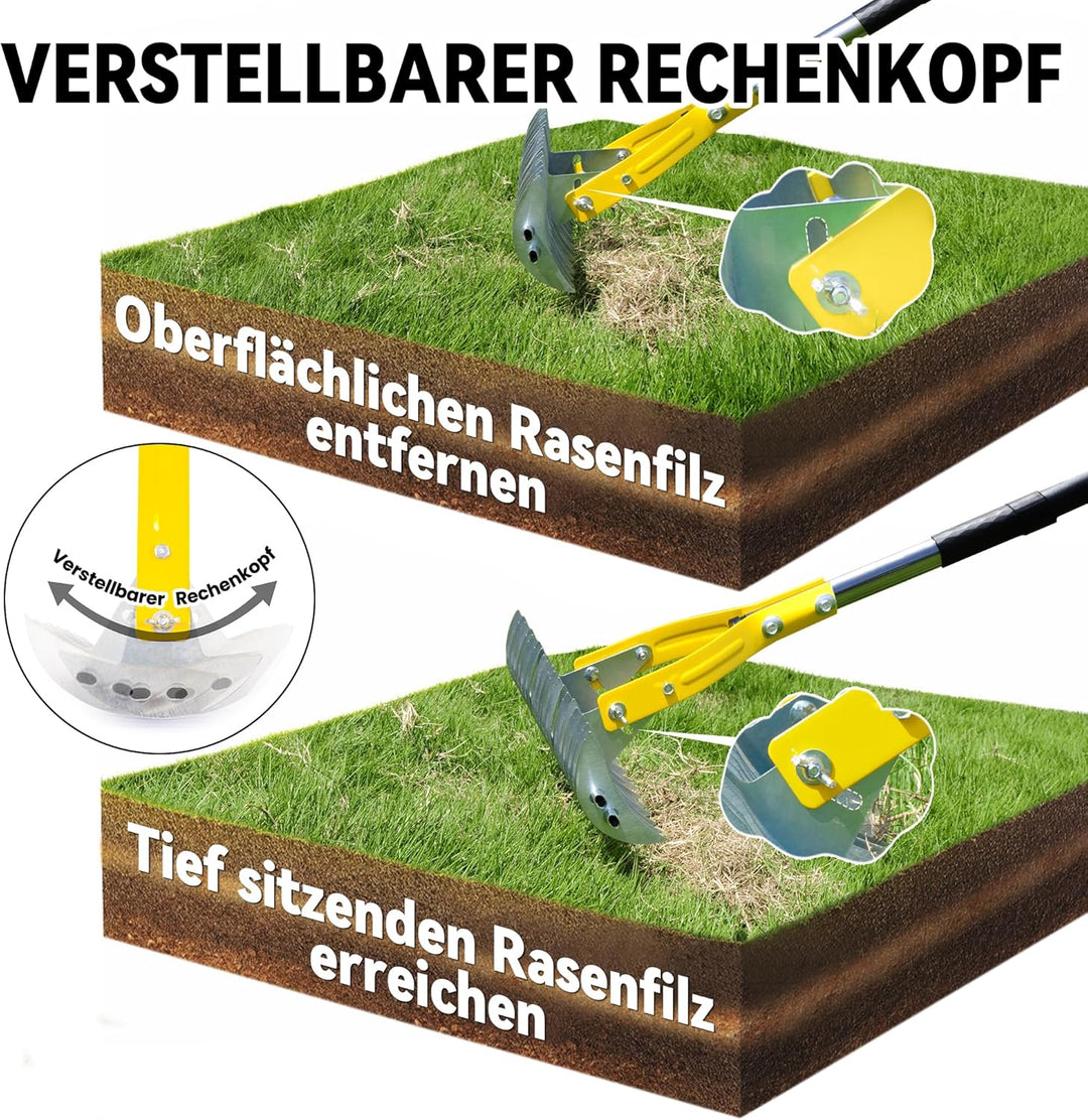 Gartenrechen Vertikutier-Rechen für den Rasen, 38 cm Verstellbarer Rechenkopf, Dethatcher zum Entfer