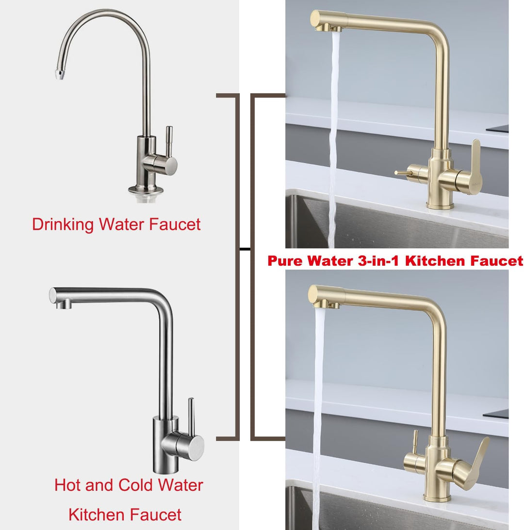 SkyPanda 3 Wege Küchenarmatur, Gold Trinkwasser Küchenarmatur mit Doppelhebel, Durchdringung 3-in-1,