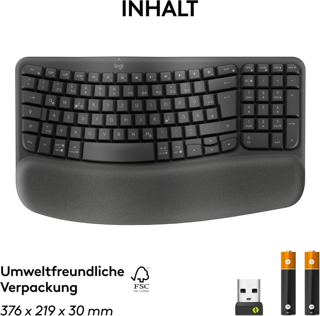 Logitech Wave Keys for Business, kabellose ergonomische Tastatur mit gepolsterter Handballenauflage,