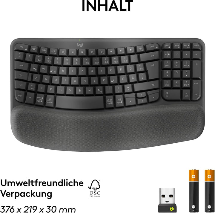Logitech Wave Keys for Business, kabellose ergonomische Tastatur mit gepolsterter Handballenauflage,