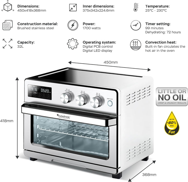 TurboTronic digitaler Heissluftofen - XXL 32 Liter mit Drehspiess für Hähnchen 5 in1 Mini Backofen,