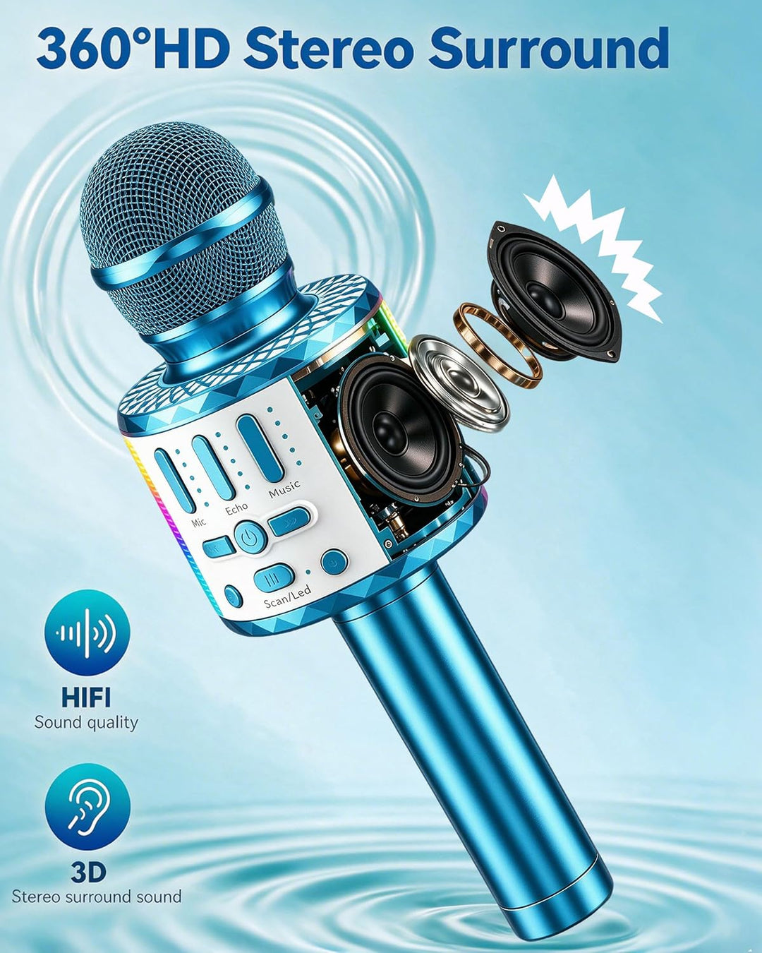 Karaoke Mikrofon Kinder, Drahtloses Bluetooth Mikrofon mit LED, Geschenke Mädchen 3-12 Jahre, Tragba