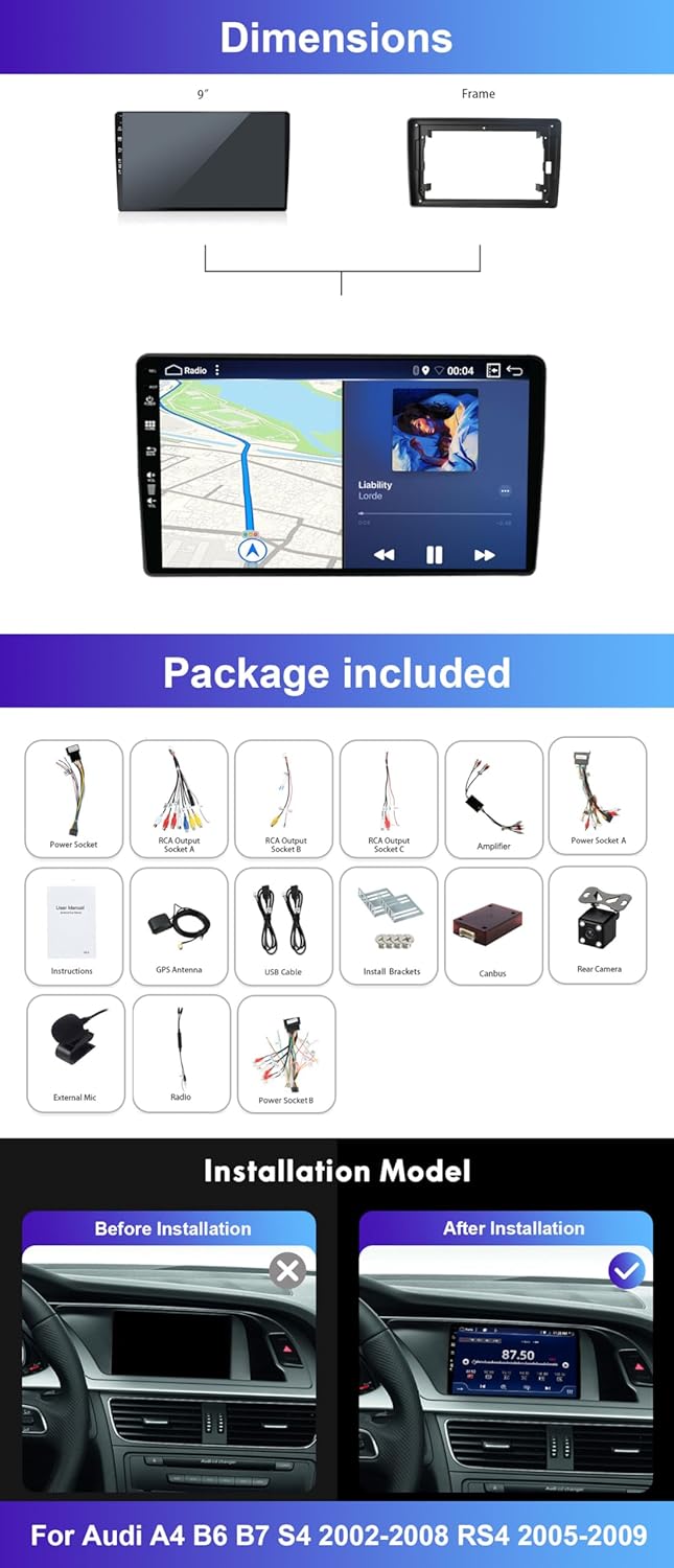 6G+128G 2 Din Android 12 Autoradio passend für Audi A4 B6 B7 S4 RS4 2000–2009 – GPS-Navigation/Carpl