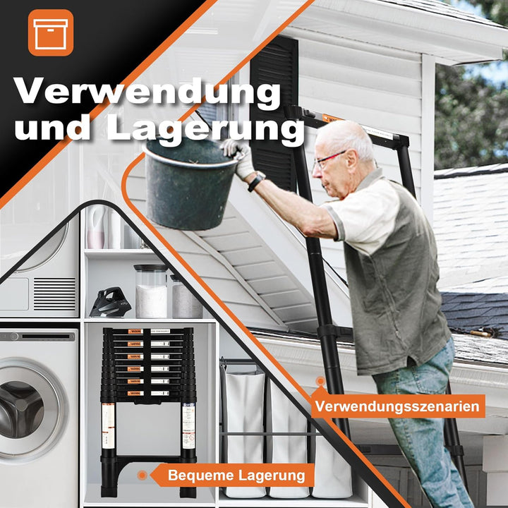 HBTower Teleskopleiter 3,8m mit rutschfesten Füssen, Leichte Ausziehleiter, Leiter Ausziehbar, klapp