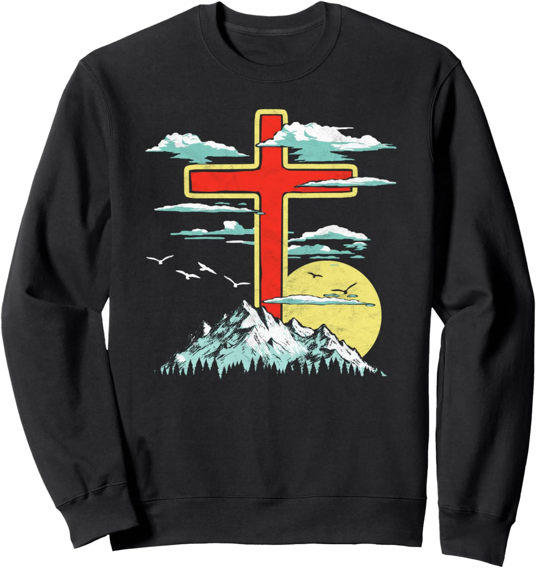 Vintage Cross Mountains & Trees Retro 80's Style Sun Nature Sweatshirt