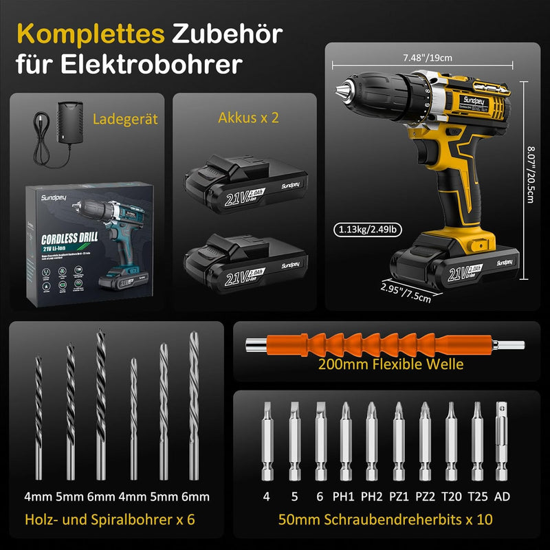 Sundpey Akkuschrauber 21V, Akku Bohrschrauber Set mit 2 Akkus 2.0Ah, 45 Nm Max Akku Bohrmaschine, 2-