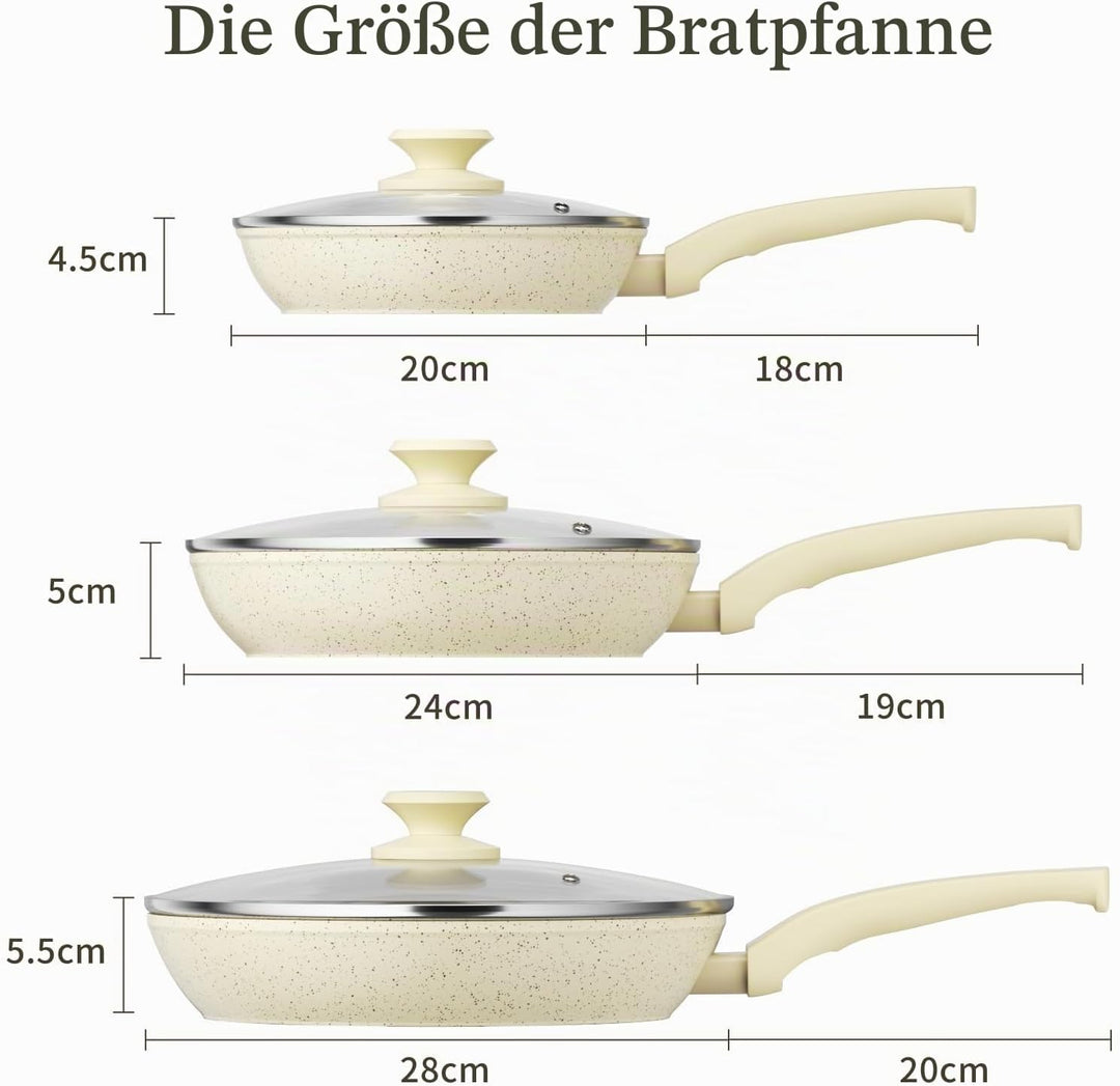 Innerwell 3-teiligs Antihaft Pfannenset mit Deckel 20+24+28 cm, Induktion Pfanne Keramik Antihaftbes