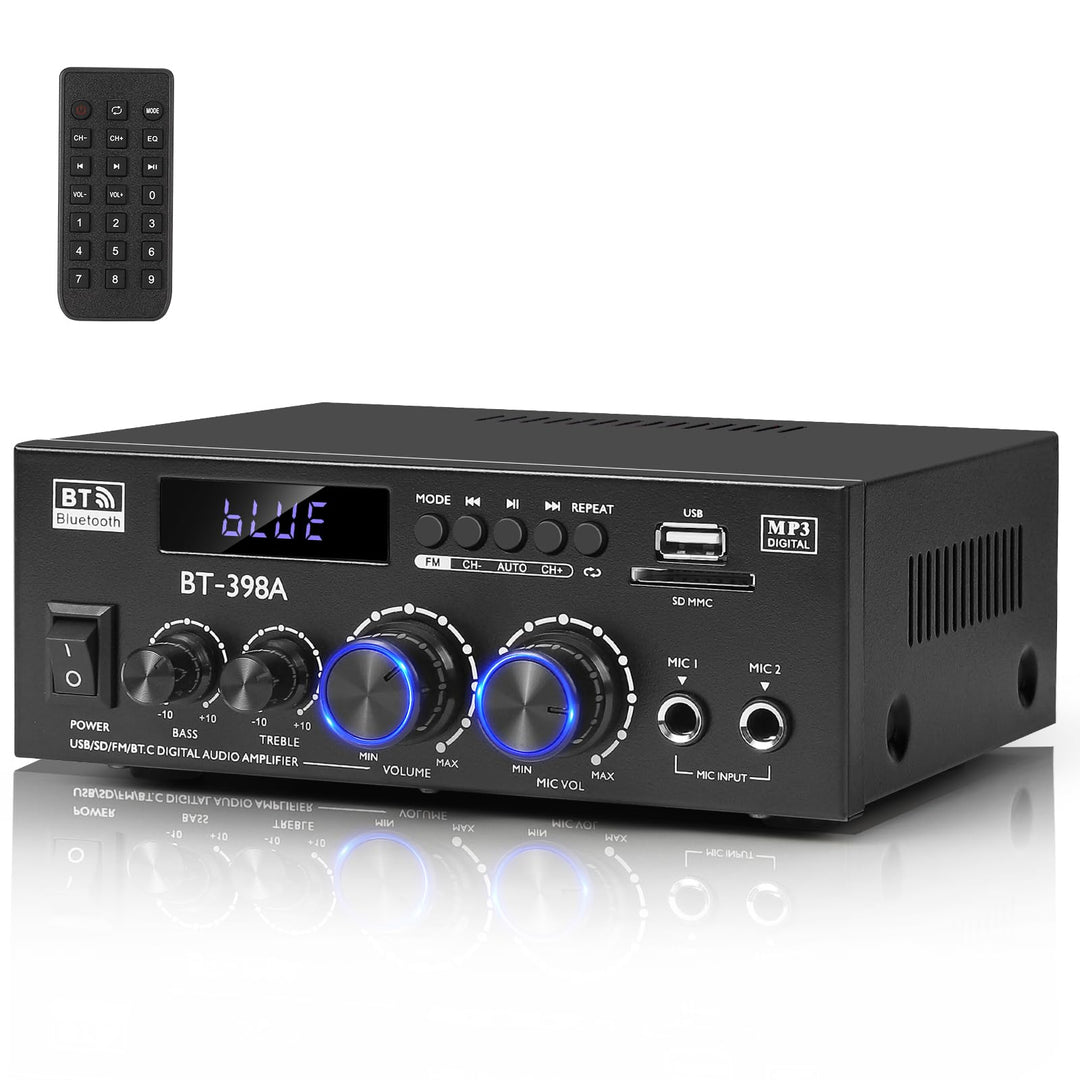 HiFi Stereo Verstärker, 450Wx2, 2-Kanal Mini Bluetooth Verstärker mit w/UKW-Radio, USB/SD, optischen