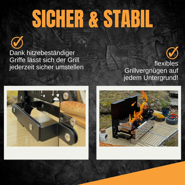 SCHNEIDERFREUDE Klappgrill 2.0: Höhenverstellbarer Camping-Grill mit Doppelfunktions-Zangen & Tasche