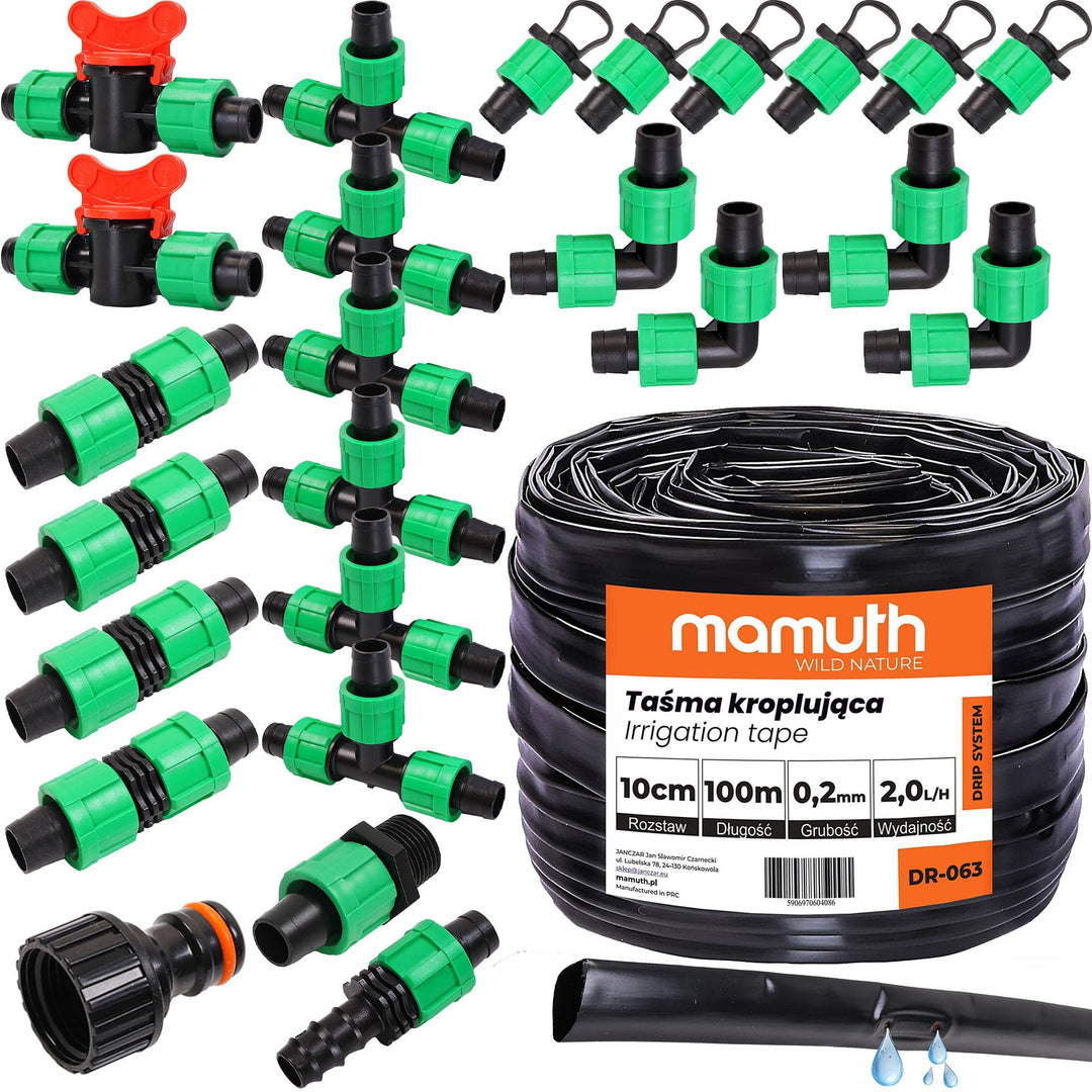 Tropfschlauch Satz 100m 10cm 2l/h Tropfband Bewässerung Verbinderstück T-Stück, PE 16mm, MAMUTH