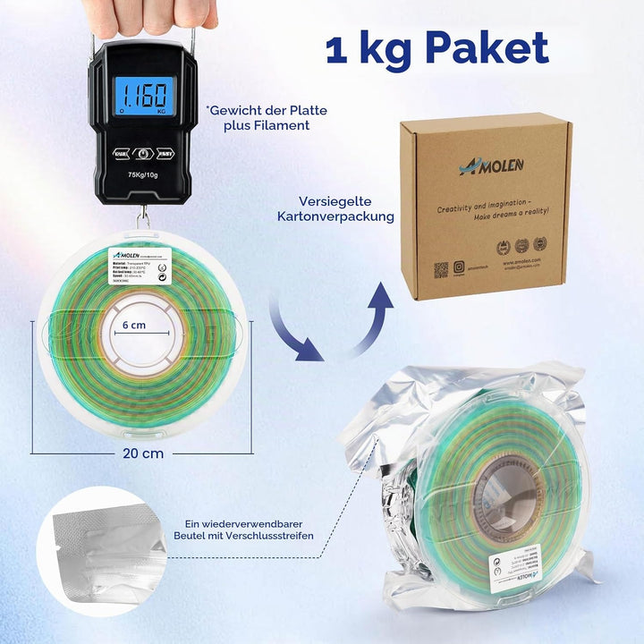 AMOLEN 3D Filament Massgenauigkeit +/- 0,02 mm, Sauber Gewickeltes, Kompatibel Mit 3D FDM Druckern,