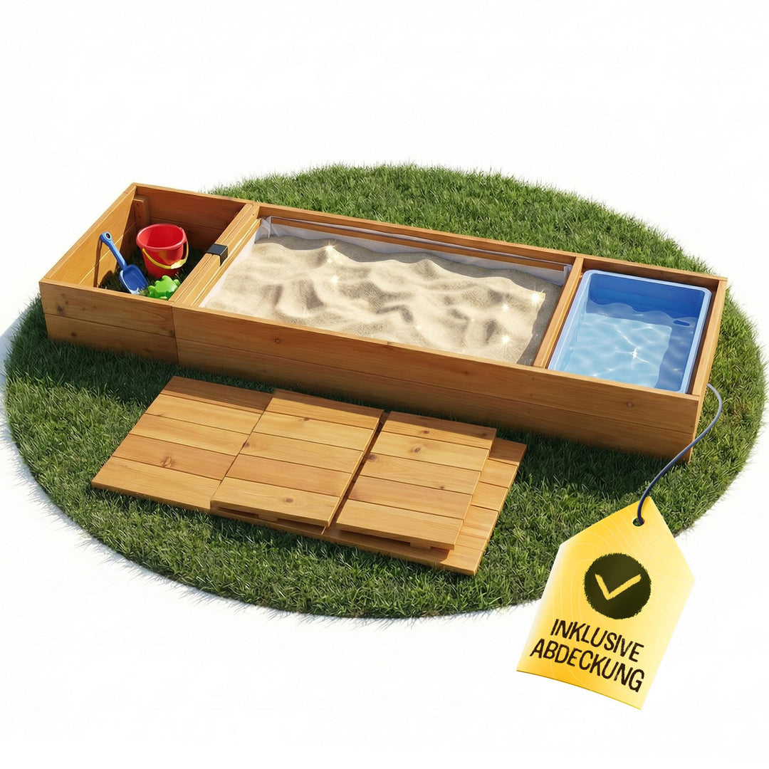 FRIEDO Sandkasten mit Abdeckung 150x40x18cm aus lasiertem Holz und Deckel I Sandkasten mit Matschküc