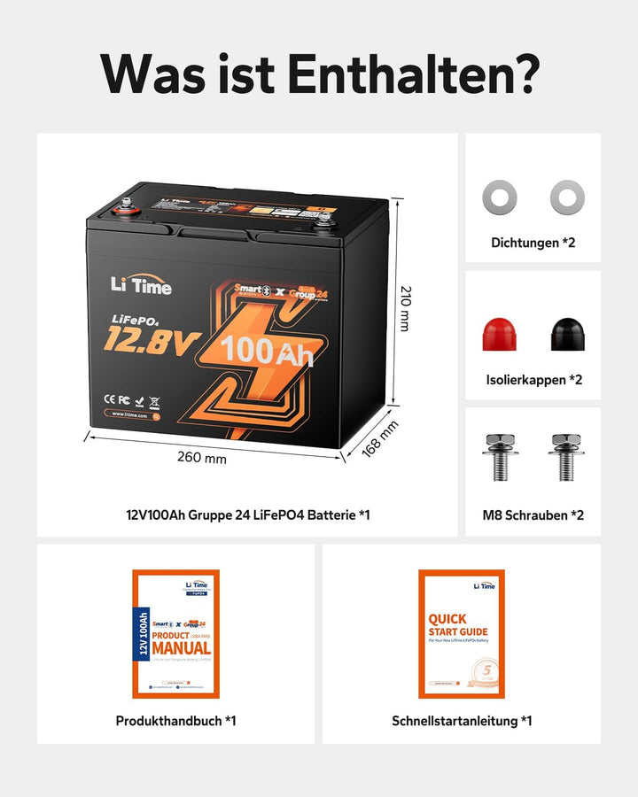 LiTime 12V 100Ah LiFePO4 Batterie Group 24 mit Bluetooth 5.0, 1280Wh, 100A BMS, Niedrigtemperatur-La