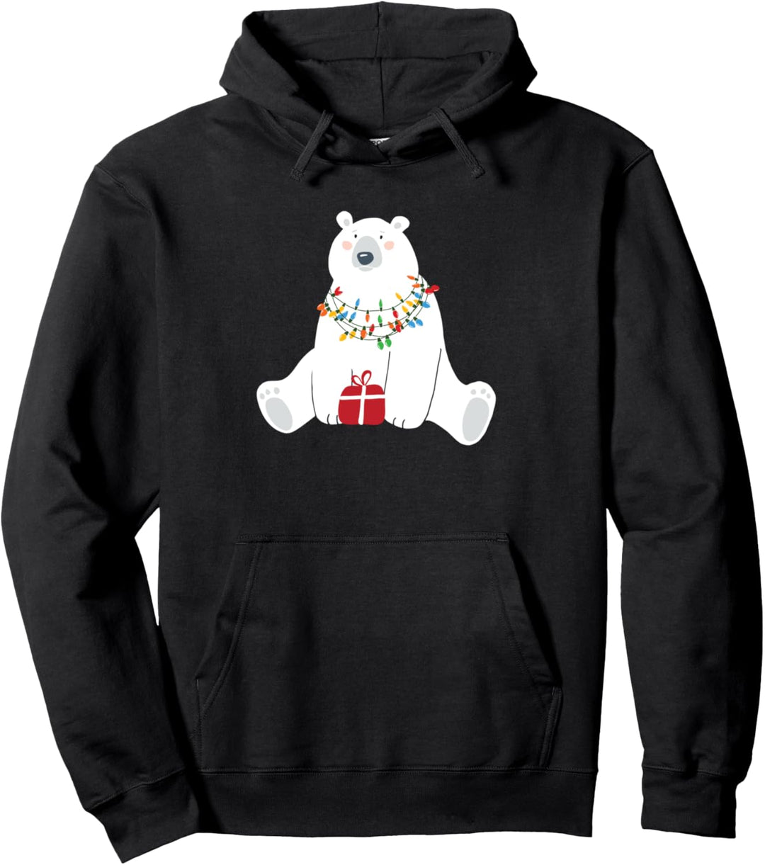 Eisbär mit Weihnachtsbeleuchtung und Geschenk, für Damen und Kinder Pullover Hoodie