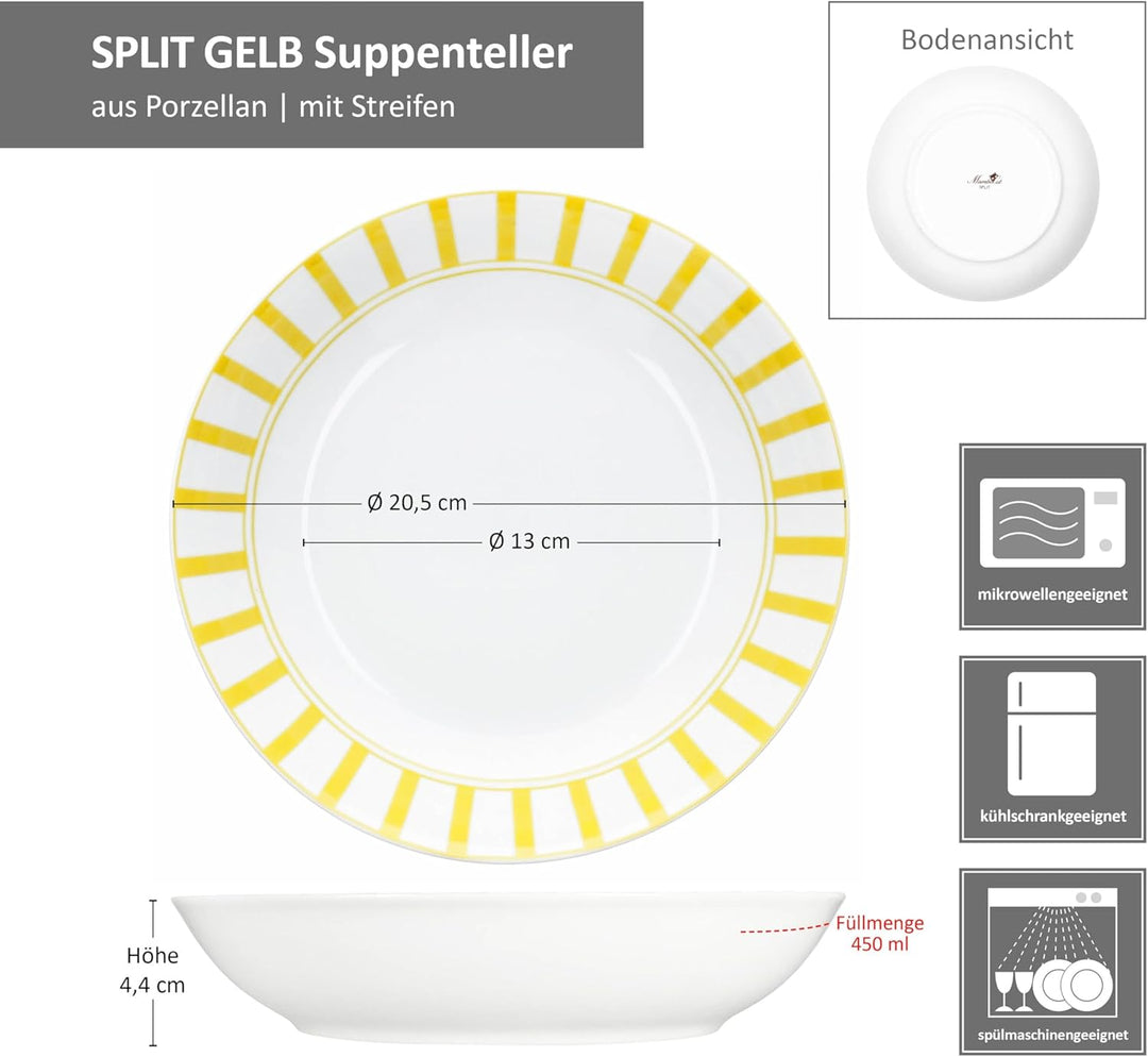 MamboCat Split gelb 6er Set Suppenteller I 450ml I weisses Porzellan-Geschirr mit Streifen für 6 Per