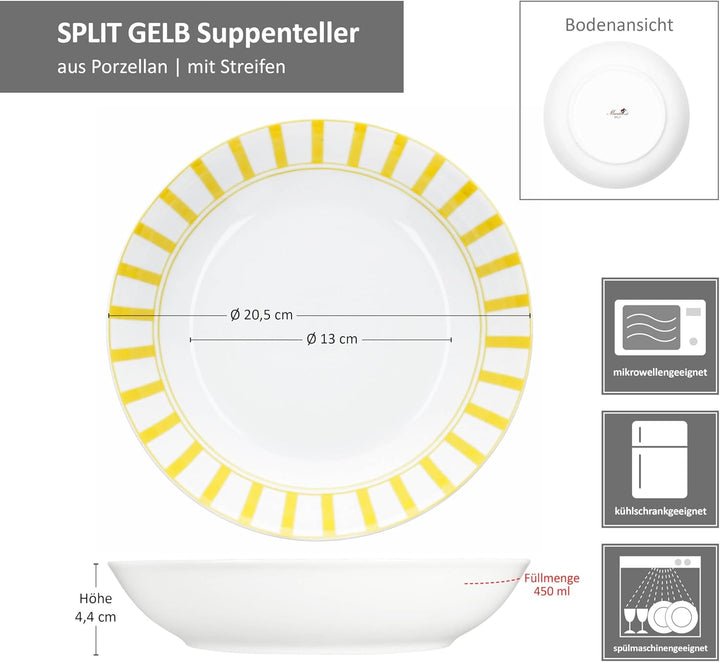 MamboCat Split gelb 6er Set Suppenteller I 450ml I weisses Porzellan-Geschirr mit Streifen für 6 Per