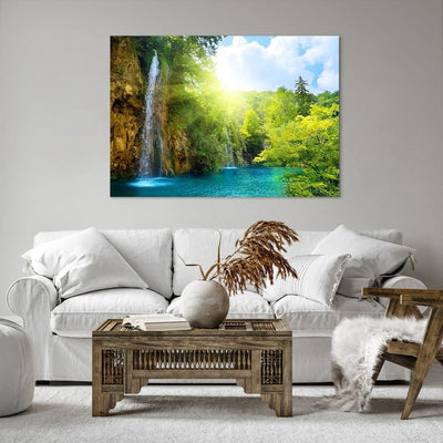 Bilder auf Leinwand 100x70cm Leinwandbild Wasserfall Forrest Himmel Gross Wanddeko Bild Schlafzimmer