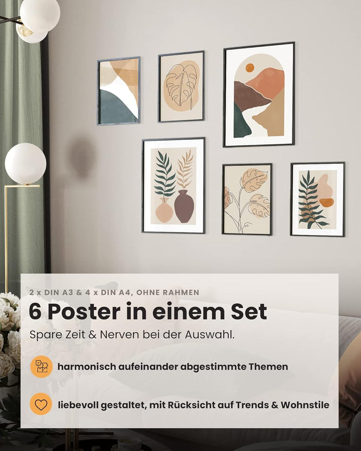 MUUDLY® Premium Poster Set, Moderne Wandbilder für Wohnzimmer und Schlafzimmer, 2 x A3 &amp; 4 x A4, Bil