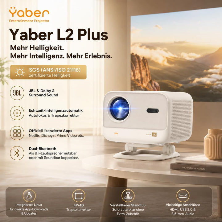 Beamer Netflix ready【SGS-zert】Helligkeit Projektor,JBL Dual 8W Dolby Audio,Auto-Fokus & Keystone,WiF