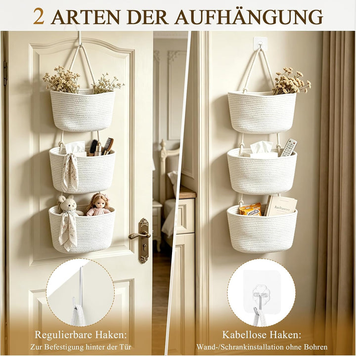 Tür Organizer hängend 4-stöckig, Weiss | Hängekorb aus Baumwollseil, Mit 4 Haken ohne Bohren, 2 vers