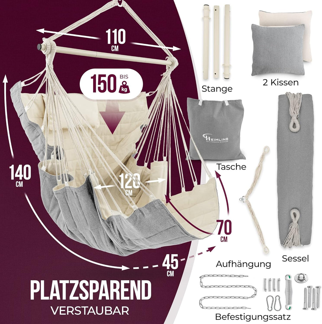 HEIMLING Hängesessel High-Class Outdoor & Indoor XXL [All Inclusive Paket mit Aufhängung + 3 Kissen]
