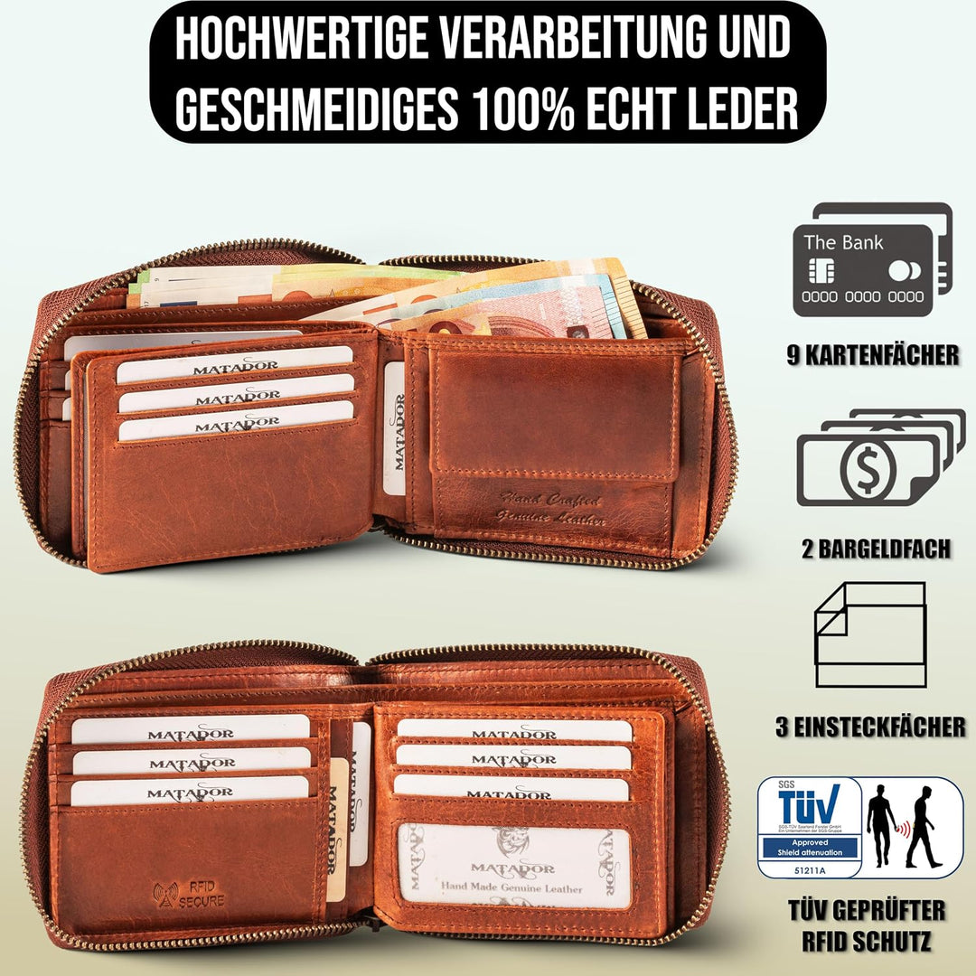 MATADOR Herren Geldbörse Leder - Echtleder Portemonnaie Damen Geldbeutel Leder - TÜV geprüfter RFID