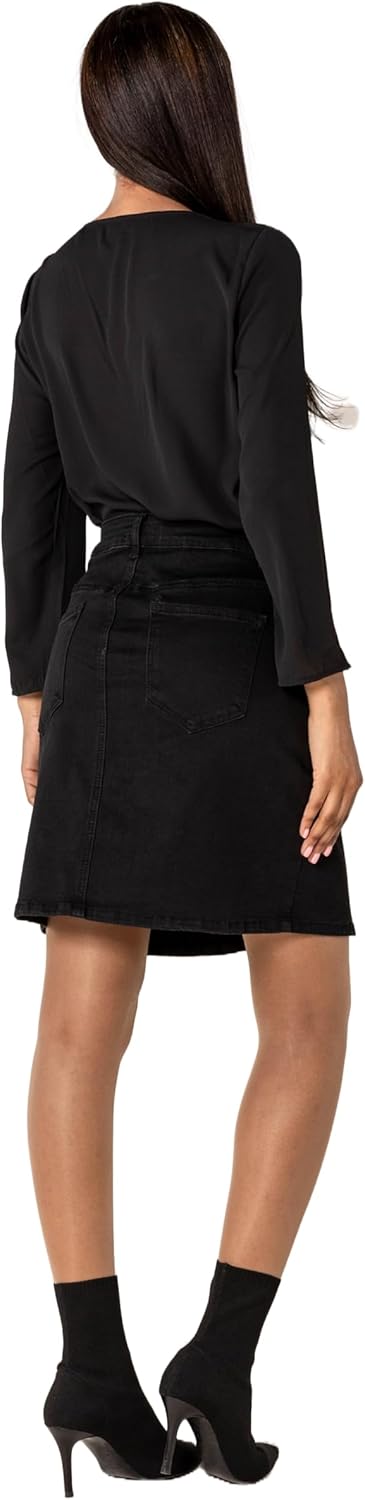 Nina Carter P213 Damen Kurzer Jeansrock mit Vorderem Schlitz Reissverschluss Stretch Used-Look Schwa