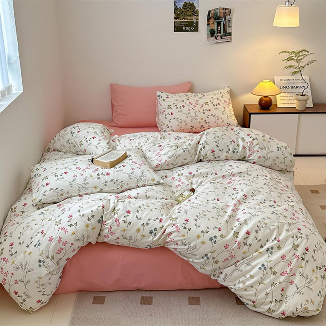 Freyamy Blumen Bettwäsche 135x200cm 2teilig Baumwolle Beige Rosa Bunt Floral Blätter Pflanzen Wende