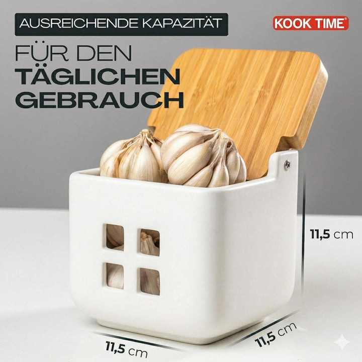 KOOK TIME Knoblauch Dose - Matt Weiss Keramik Knoblauchtopf mit Bambusholz Deckel, Perfekte Knoblauc