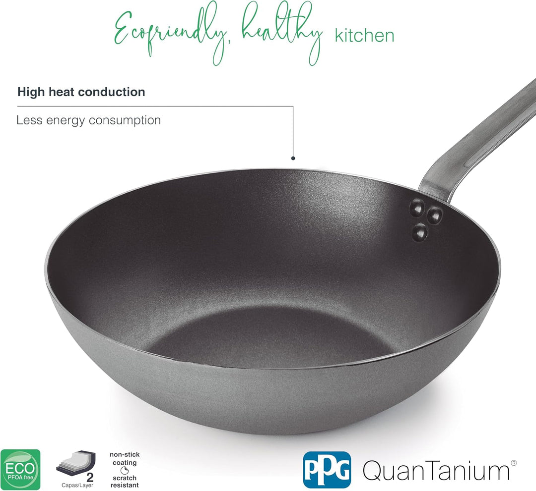 LACOR - 63233 - Wok Ferrum, Wok aus 100% natürlichem Eisen mit dreilagiger Antihaftbeschichtung, PFO