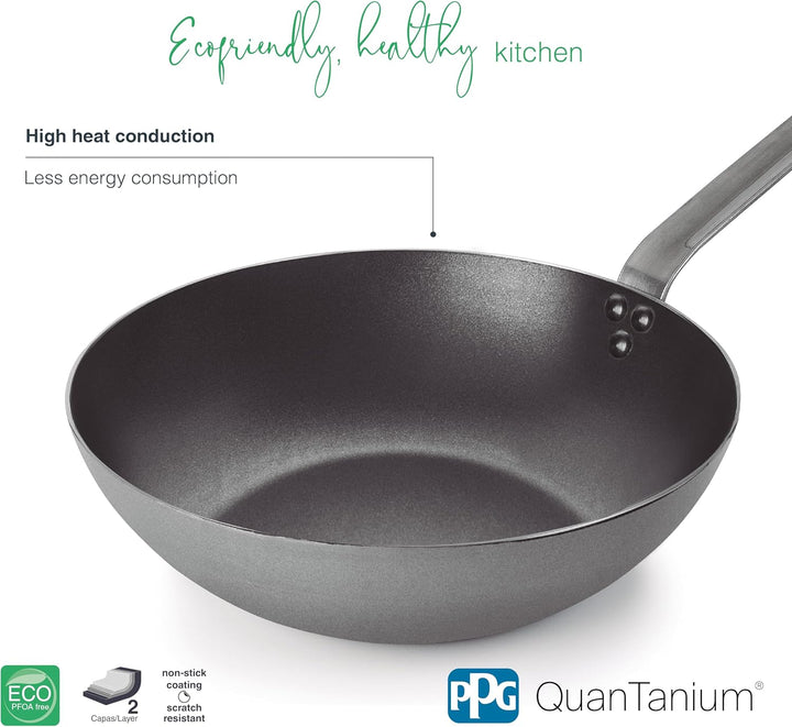 LACOR - 63233 - Wok Ferrum, Wok aus 100% natürlichem Eisen mit dreilagiger Antihaftbeschichtung, PFO