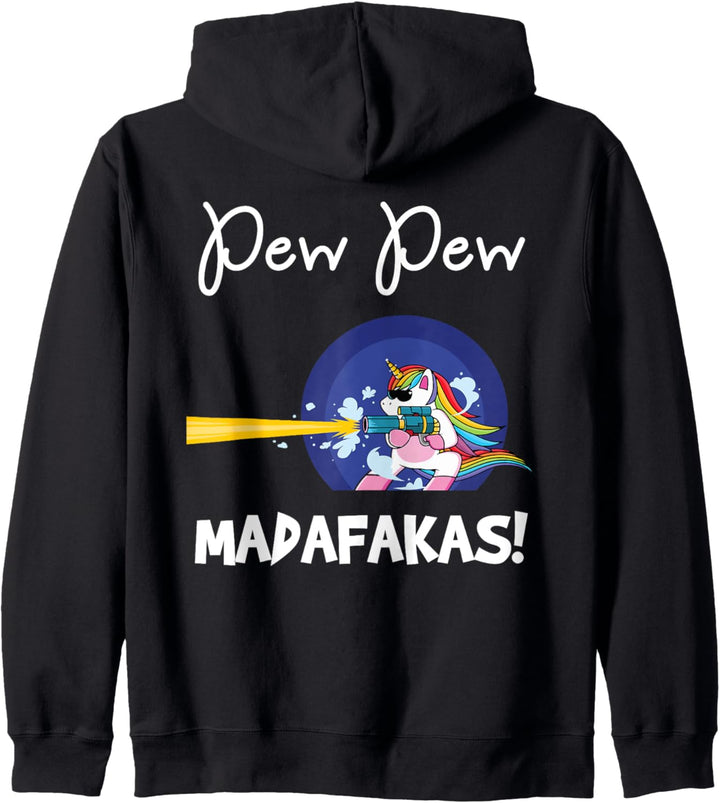 PEW Madafakas Lustiges Fantasy-Einhorn mit Gun White - Back Kapuzenjacke