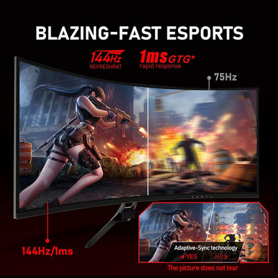 CRUA Gaming Monitor 34 Zoll (86cm Bildschirm) 3440X1440P WQHD 144Hz HDMI, 1ms (VRB), 2xHDMI 2.0, DP