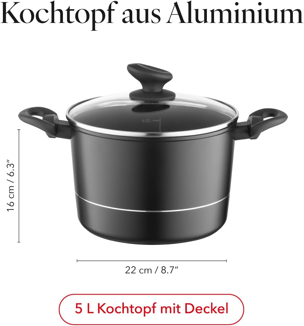 FLORINA Aluminium Topf (5 l) 22 cm I Kochtopf DELUX mit Glasdeckel I Messbecher & Antikratz-Beschich