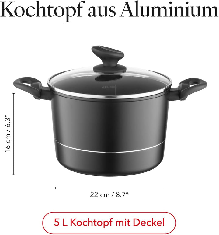 FLORINA Aluminium Topf (5 l) 22 cm I Kochtopf DELUX mit Glasdeckel I Messbecher & Antikratz-Beschich
