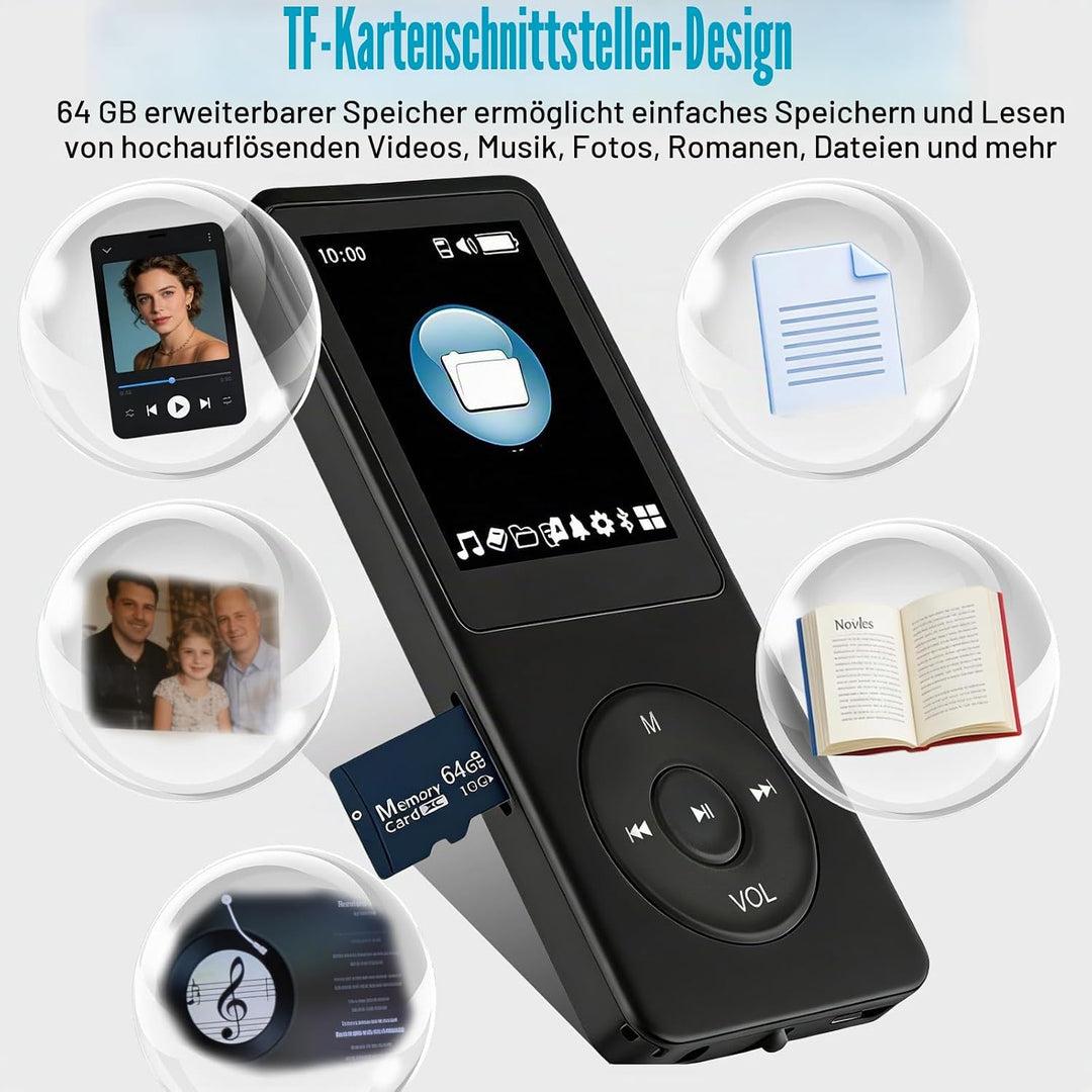 64GB MP3 Player Bluetooth, MP3-Player Bluetooth 5.3 mit Kopfhörer, HiFi-Sound Musik für Sportler, mi