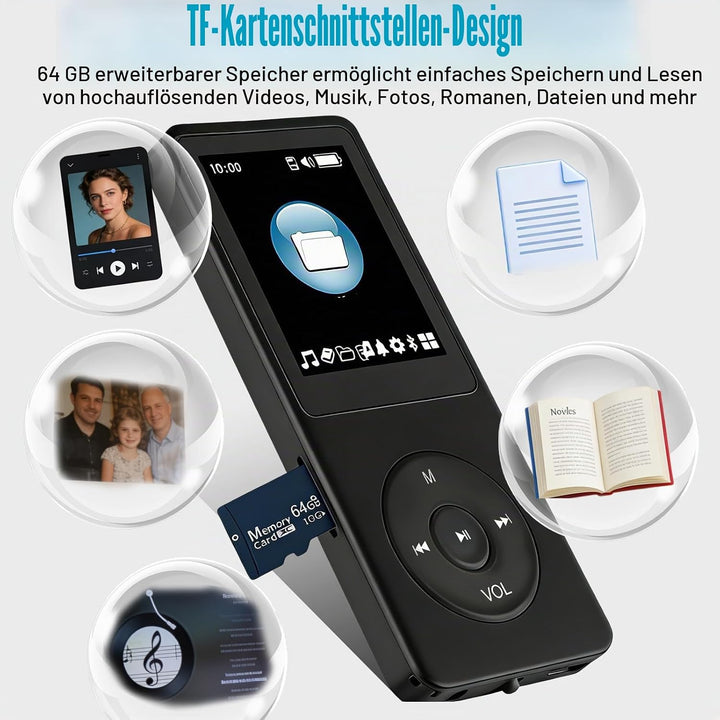 64GB MP3 Player Bluetooth, MP3-Player Bluetooth 5.3 mit Kopfhörer, HiFi-Sound Musik für Sportler, mi