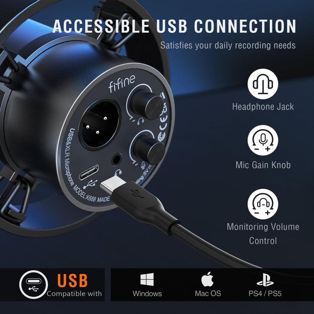 FIFINE XLR Studio Mikrofon Dynamisches, USB Microphone PC für Streaming Podcast Gaming, für PS4/5 Ma